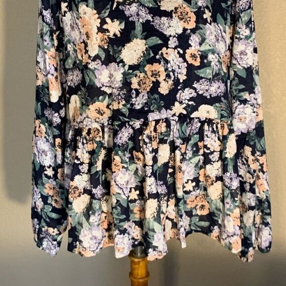 Navy Blue Floral Long Sleeve Top Key Hole Neck L - Picture 7 of 11